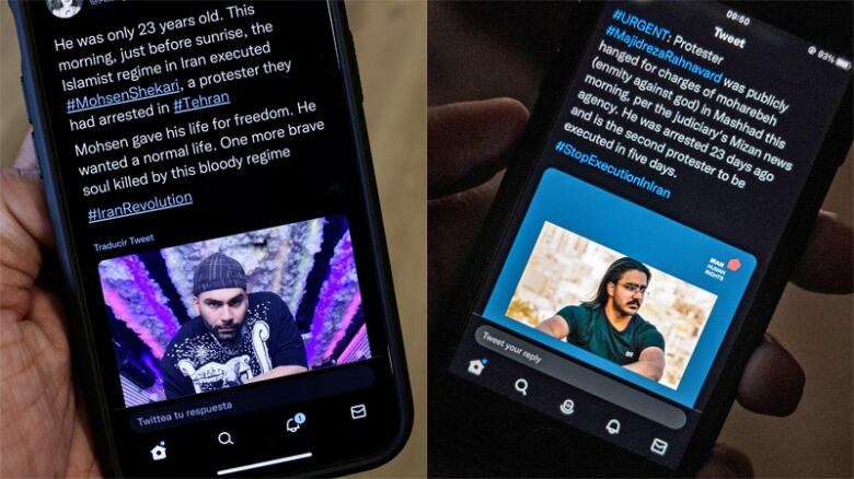 The images of two men are displayed on cellphone screens