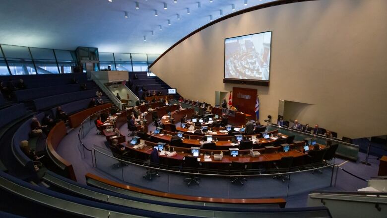 Council meeting in Toronto City Hall on Dec. 14, 2022, wide view of council chambers.