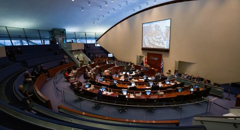 Council meeting in Toronto City Hall on Dec. 14, 2022, wide view of council chambers.