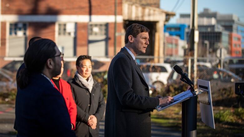 Premier David Eby announces 90 units of temporary modular housing during a press conference Vancouver, British Columbia on Wednesday December 14, 2022. 