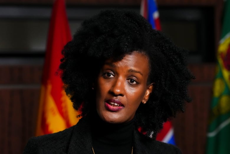 Ketty Nivyabandi, Secretary General of Amnesty International Canada, speaks during a press conference on Parliament Hill in Ottawa, Wednesday, Sept. 28, 2022. 