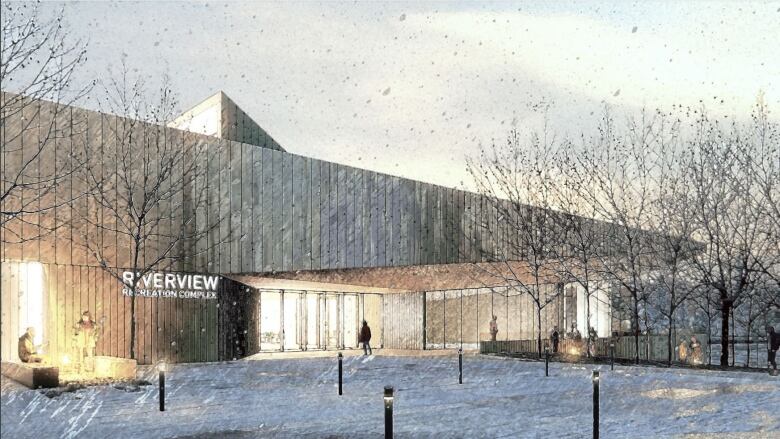 Brutalist looking building with trees, snow and people standing around outdoor fires.