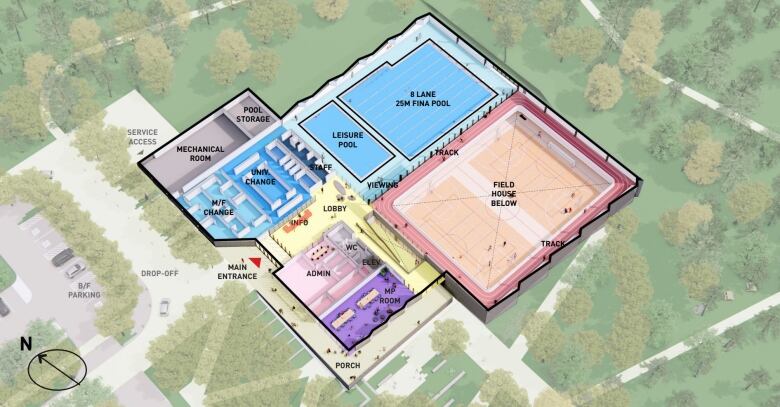 A plan showing the main floor of the proposed Riverview recreation centre with a pool, fieldhouse, changing rooms and community room. 