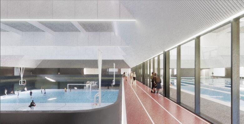 A rendering of people on a walking track above a large room with basketball and soccer nets with floor to ceiling windows showing a pool area.