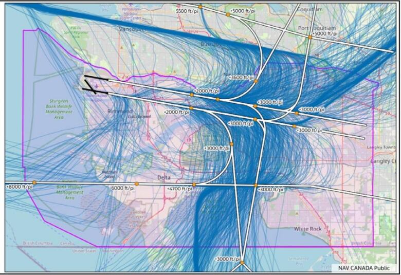 A rendering of Metro Vancouver shows a spaghetti-like pattern of blue lines, with thick white lines superimposed on the top.