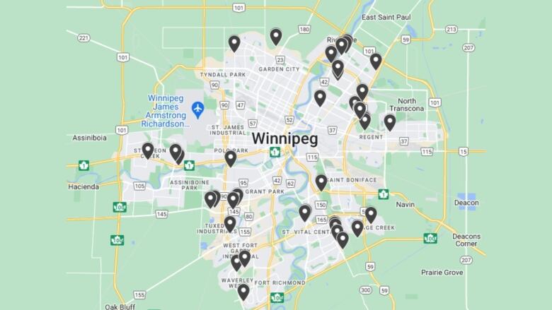 A light green digital map of Winnipeg has various black marked points, where break and enters occured.