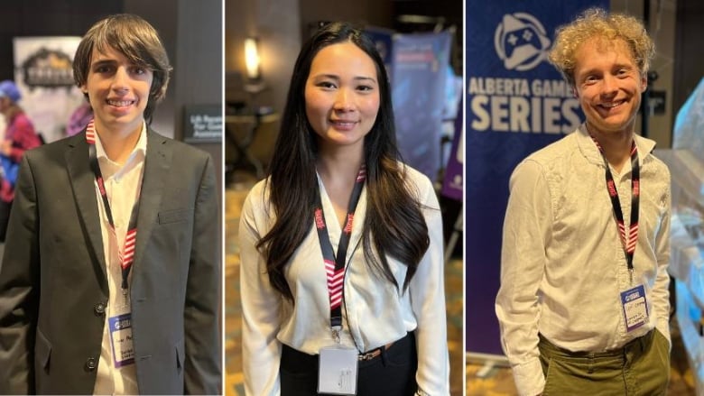 Three photos of three people are stitched together side-by-side. The person on the left is a young man wearing a loose, black suit jacket and white shirt underneath, the woman in the middle is wearing a white button-up blouse, and the man on the right is wearing a white button-up shirt with a casual collar. All three are wearing lanyards and tags form the conference they are pictured at, the Alberta Games Series. 