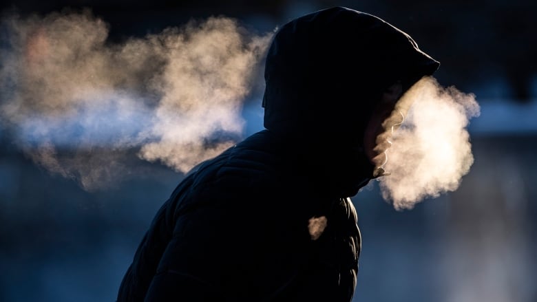 A person in a dark jacket exhales a cloud of breath against the morning sunlight. 