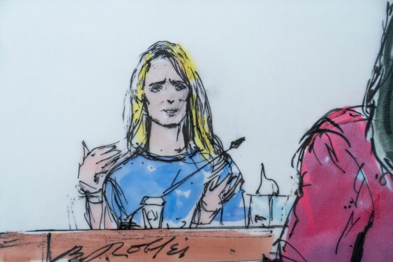 A court sketch shows an individual with long blond har testifying against a man accused of sexual misconduct. 