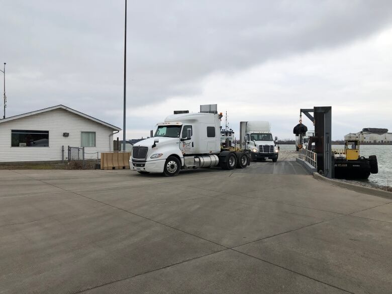 Trucks coming into Windsor from Detroit disembark from the Detroit Windsor Truck Ferry in west Windsor.