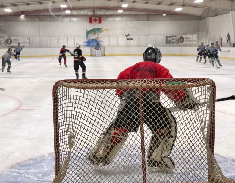 A hockey goalie stands in the net with his back to the camera. A hockey game goes on in front of him.