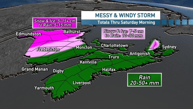 Heavy rain is expected for most, while northern New Brunswick and the Cape Breton Highlands will see snow mixing to rain.