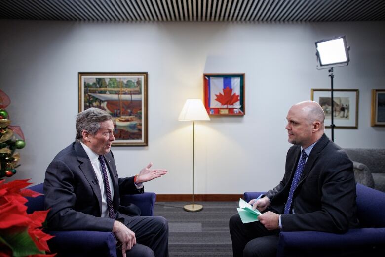 The CBCs Shawn Jeffords conducts a year-end interview with Toronto Mayor John Tory, at city hall, on Dec. 20, 2022.