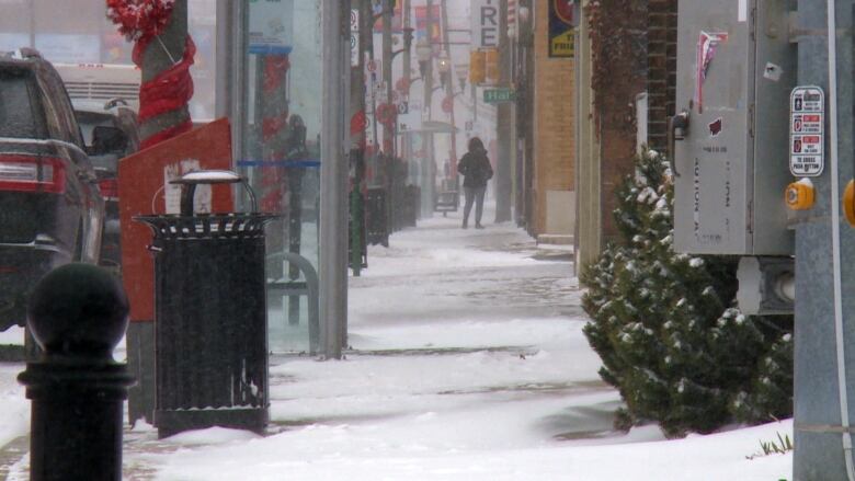 A person wearing a black jacket standing on a sidewalk in a downtown street during a snowstorm