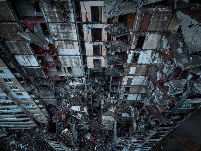 An apartment building damaged by Russian shelling in the Saltivka district of Kharkiv, Ukraine on Dec. 22, 2022.