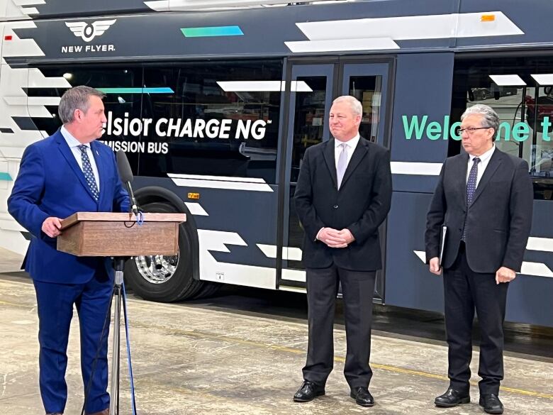 Manitoba deputy premier Cliff Cullen, NFI president and CEO Paul Soubry and federal cabinet minister Dan Vandal stand in front of a bus.