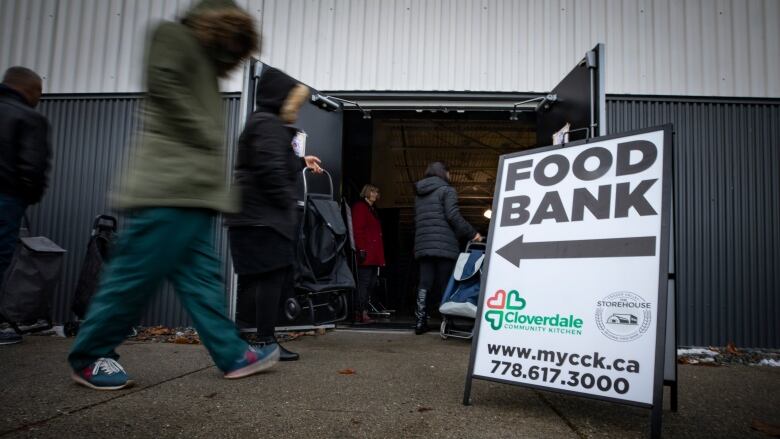 A line of people walk into a food bank whose double doors are open. A sign, with an arrow pointing at the doors, reads 'FOOD BANK Cloverdale Community Kitchen' and the number 778.617.3000.