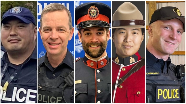 From left to right, Const. Andrew Hong, Const. Morgan Russell (submitted by Canadian Press), Const. Devon Northrup (submitted by Canadian Press), Const. Shaelyn Yang (supplied by RCMP), and Const. Grzegorz Pierzchala (submitted by Six Nations of the Grand River), were all killed this year in the line of duty.