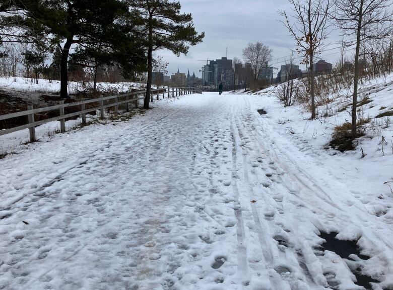 A section of the Kichi Sibi Winter Trail marked with cross-country ski tracks, foot prints and partially melted snow.