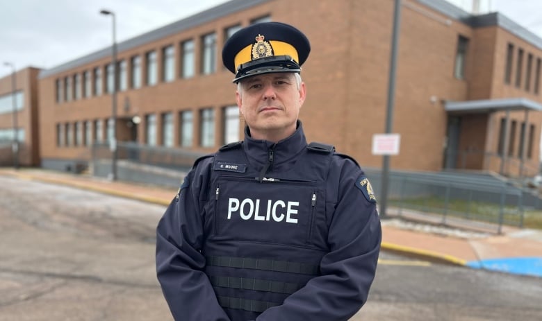 Constable Gavin Moore standing in front of RCMP headquarters in Charlottetown