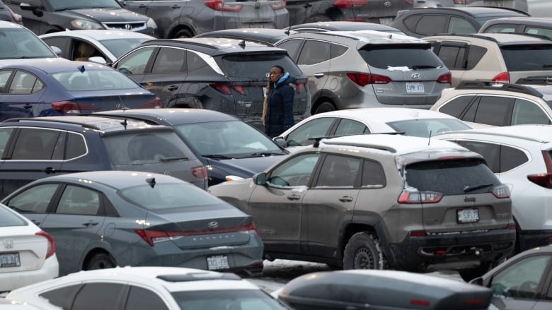 Someone stands in a mall parking lot surrounded by parked, dull-coloured vehicles.