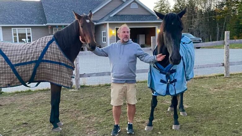 Man shown standing between two horses wearing blankets. 