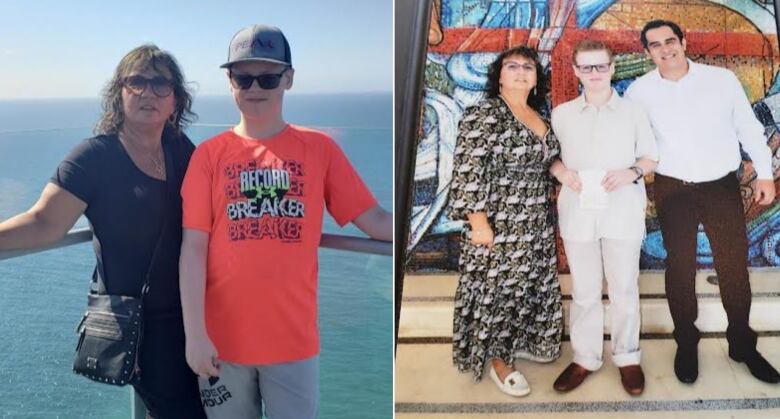 Two photos joined together. A woman stands with a boy in front of the ocean. she is wearing a black shirt and he is wearing an orange one. in the other one a woman is with a boy and a man. They are dressed up in white shirts and the woman is wearing a patterned dress. 