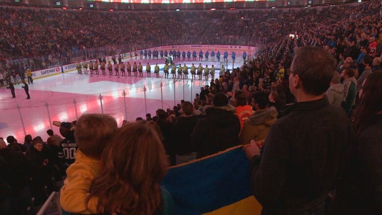 Packed stands at Canada Life Centre ahead of an exhibition game between the University of Manitoba Bisons men's team and team Ukraine.