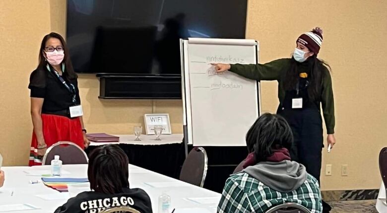 Two teachers teaching students. They are standing at the front of the class. 