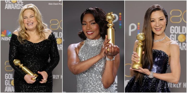 A composite image shows three women dressed in gowns holding golden trophies.