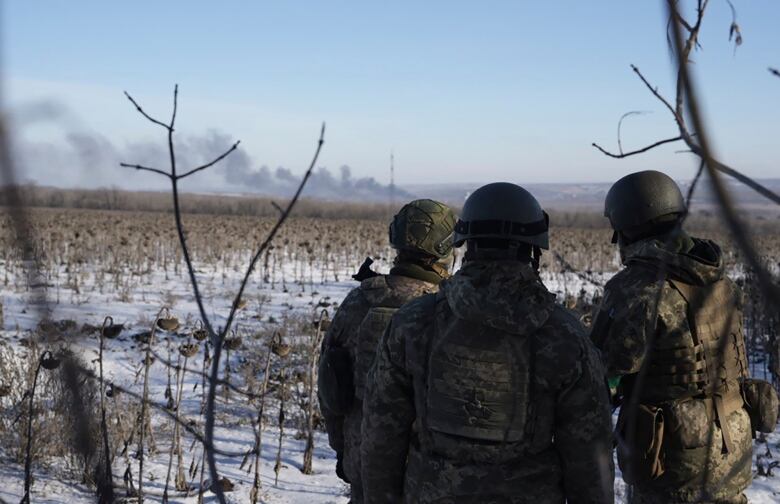 Three helmeted soldiers with their backs to the camera look at the smoke, which is kilometres away, across a field of dead flowers poking through snow.