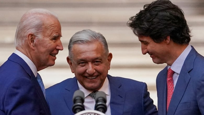 U.S. President Joe Biden, Mexican President Andres Manuel Lopez Obrador and Canadian Prime Minister Justin Trudeau speak at the conclusion of the North American Leaders' Summit in Mexico City, Mexico, January 10, 2023.  REUTERS/Kevin Lamarque     TPX IMAGES OF THE DAY