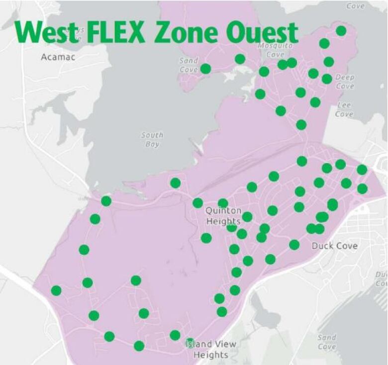 A map of west Saint John, with a zone highlighted in purple. Within the zone are green dots that show where each stop is.