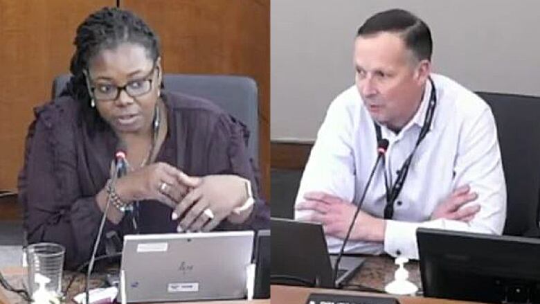 Two photos side-by-side, woman on left, man on right. Both are dressed in business attire and are sitting at a desk with a microphone at council