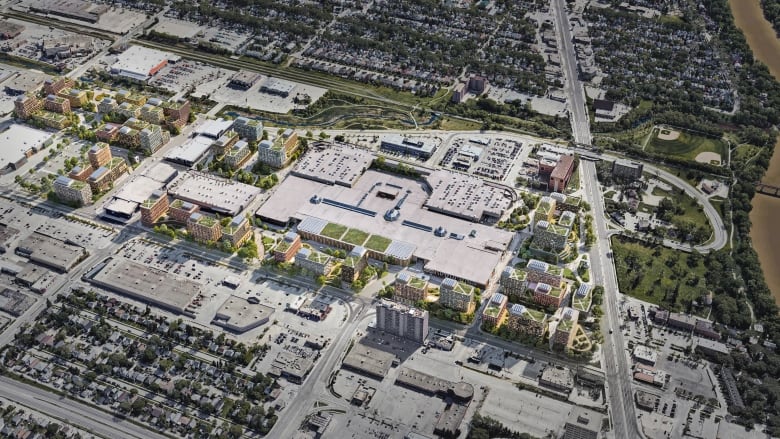 A 3D image shows an aerial view of Polo Park shopping centre, with apartment towers surrounding the mall on land that is currently used as parking space.