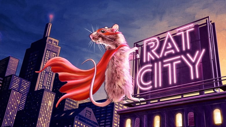 An illustrated rat wearing a red mask and cape stands overlooking a cityscape. 