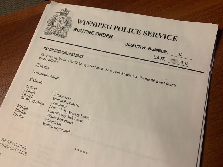 A piece of paper that lists the service defaults and the penalties received by each officer. 