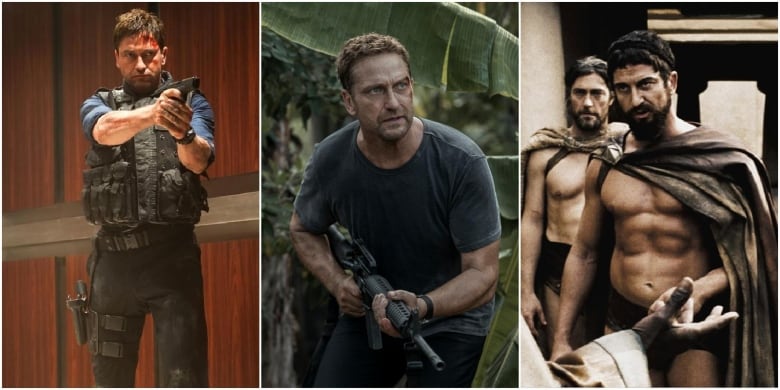 Gerard Butler through the years.  Left, secret service agent Mike Banning from the Olympus Has Fallen franchise.  Center, Cap. Brodie Torrence from Plane, On the right, King Leonidas from 300. 