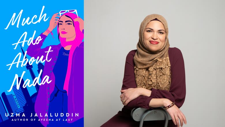 A composite photo featuring a blue, pink and purple book cover of a woman wearing a hijab standing in front of the CN Tower and the book's author, a smiling woman wearing a brown hijab sitting backwards on a folding chair.