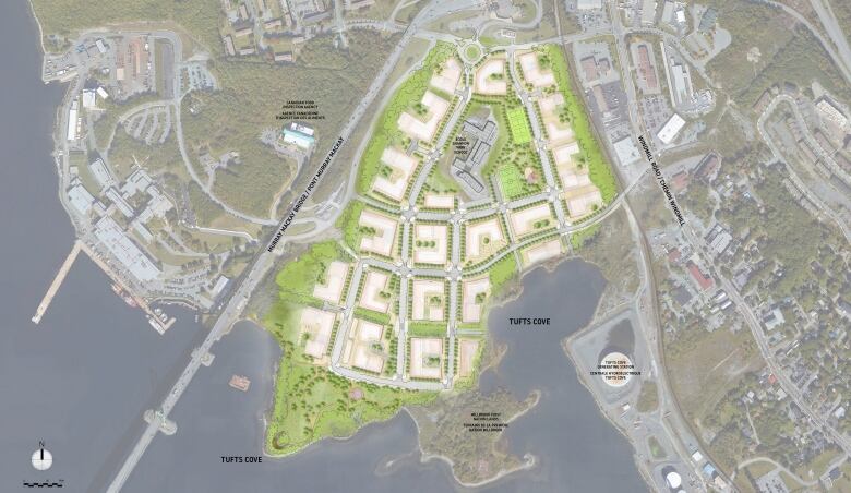 A map shows a grid of new streets, trees and parks along the shoreline