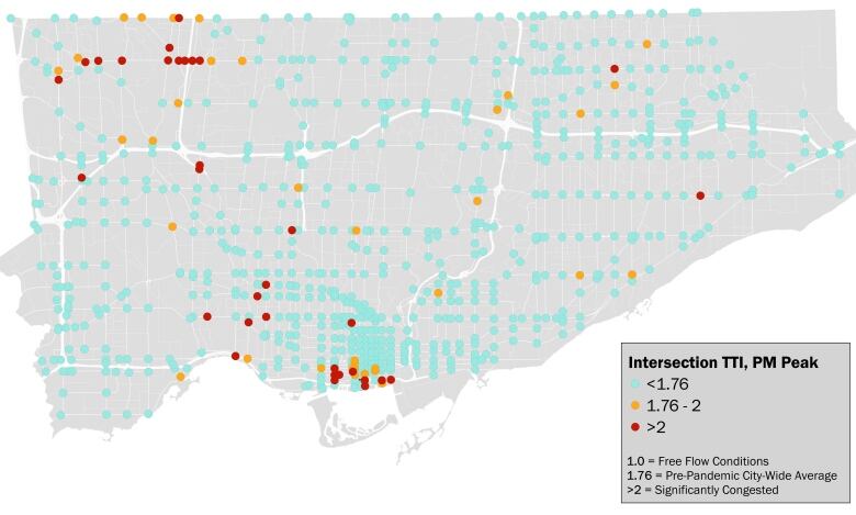 A map shows how traffic throughout the City of Toronto differs compared to the area, with the majority of the city uncongested, some of it congested on par with pre-pandemic averages, with the rest 