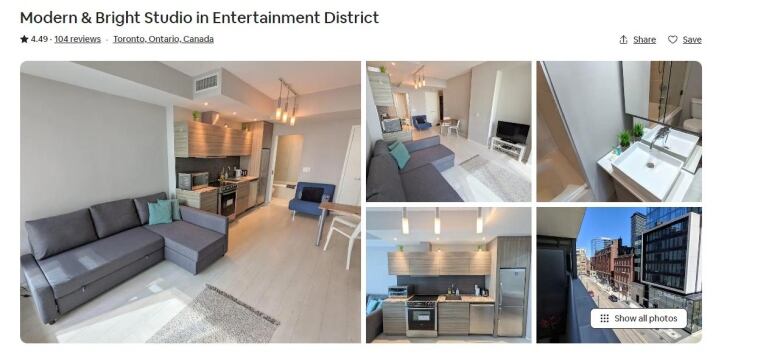 Its a screen shot of an apartment. It says Modern and Bright Studio studio in Entertainment district. There are pictures of a couch, living room and kitchen.