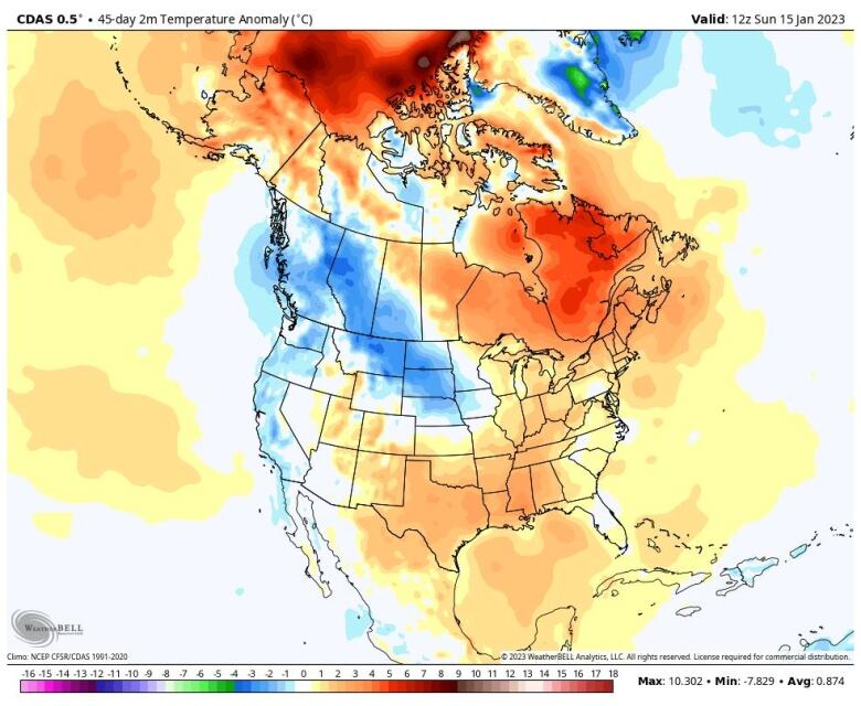 Temperature departures from normal across North America from December 1st to January 15th