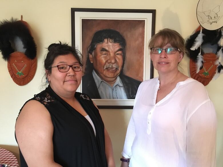 Two women stand in front of a framed painting of a man hanging on a wall.