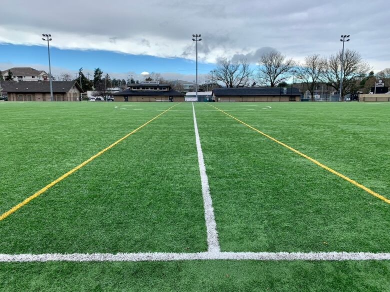 A soccer field made of artificial turf. 