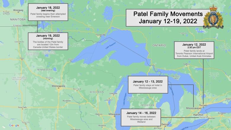 A map showing points in Ontario and Manitoba.