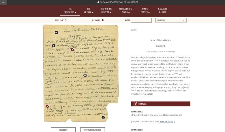 A screenshot of the Anne of Green Gables online manuscript, showing the page of the manuscript with annotations. 