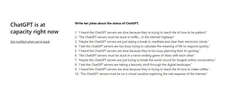 A screenshot of ChatGPT website showing it is at overcapacity.