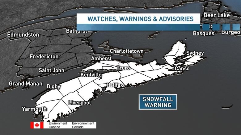 A map of Nova Scotia that outlines all the counties with snowfall warnings. All counties in N.S. are under a snowfall warning for Jan. 20.