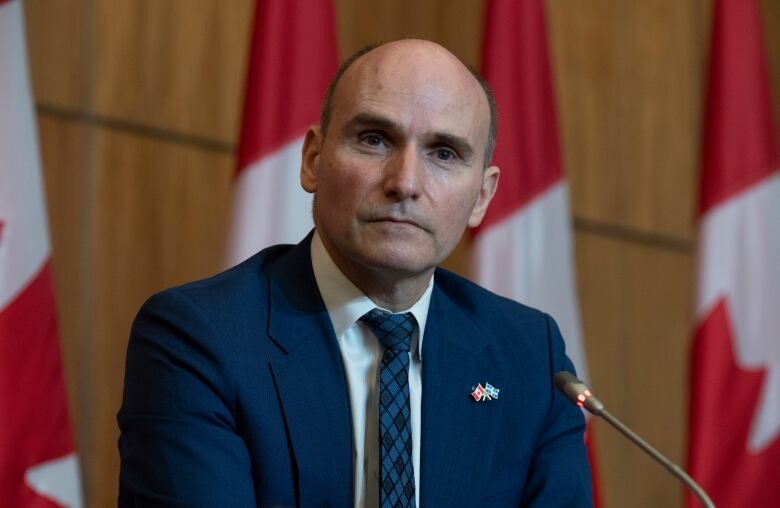 Man wearing suit and tie with serious expression on his face at press conference in front of row of Canadian flags.